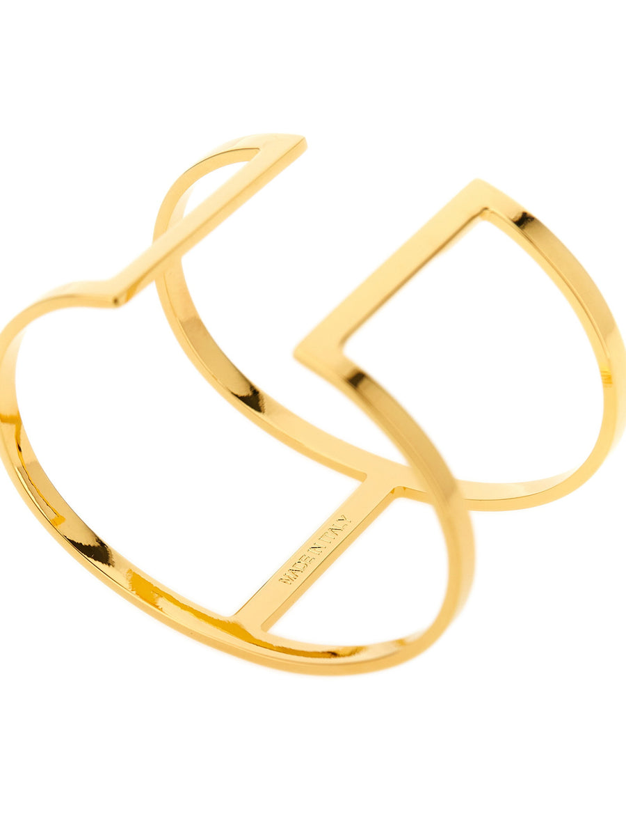 Elisabetta Franchi Logo Bracelet Set for Women Gold Tone Brass Rigid Cuff Two Piece Luxury