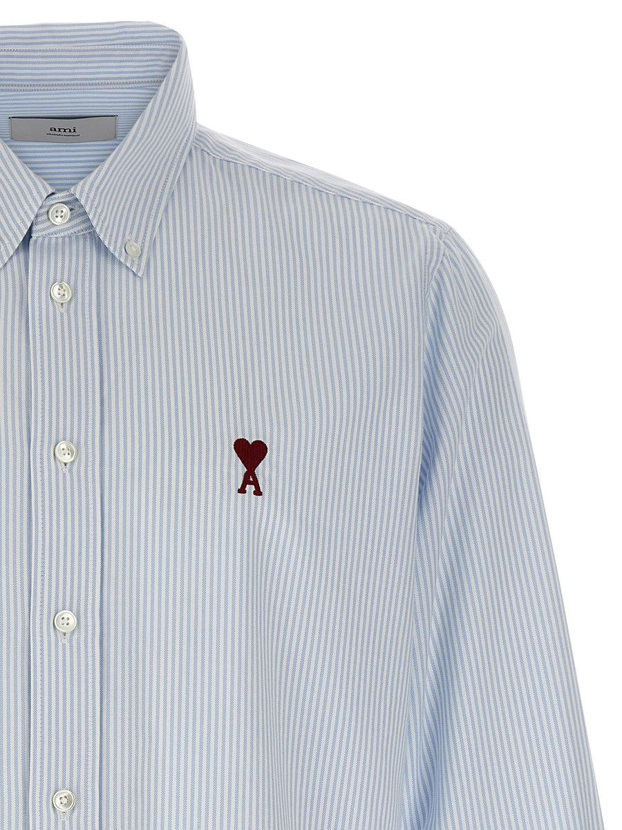 Ami Paris Ami De Coeur Light Blue Oxford Striped Cotton Shirt Button Down