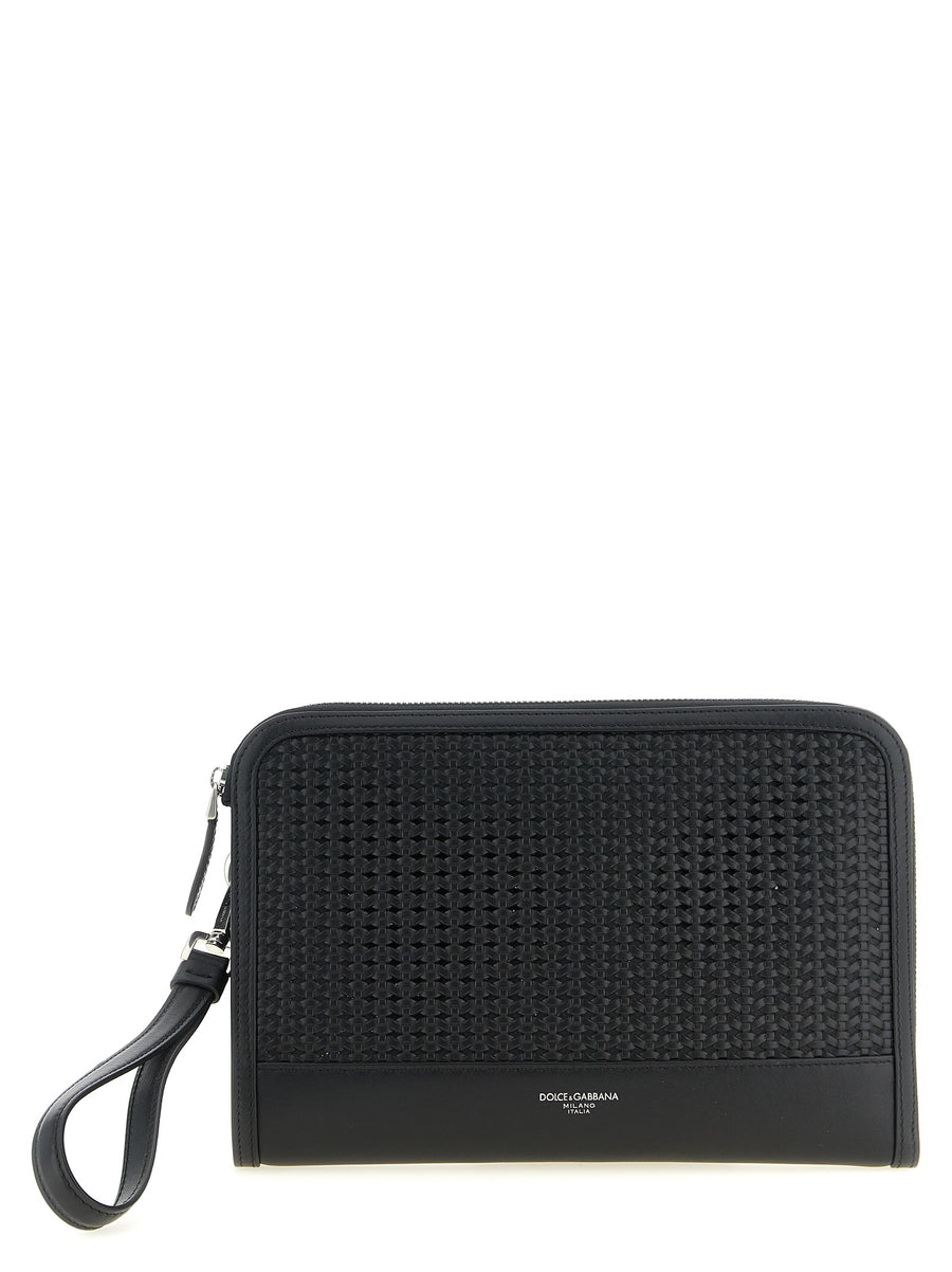 Dolce and Gabbana Atene Clutch For Men Black Plongé Calfskin Leather With Woven Front