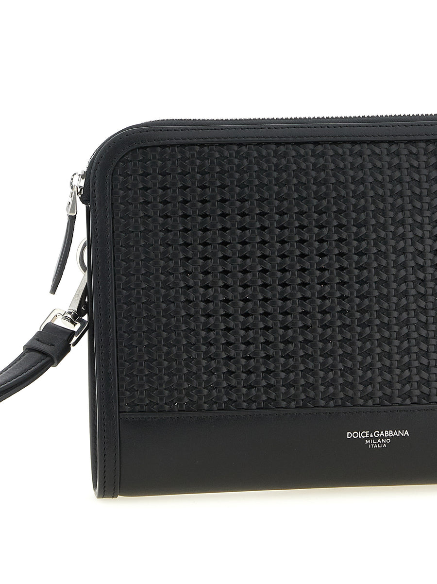 Dolce and Gabbana Atene Clutch For Men Black Plongé Calfskin Leather With Woven Front