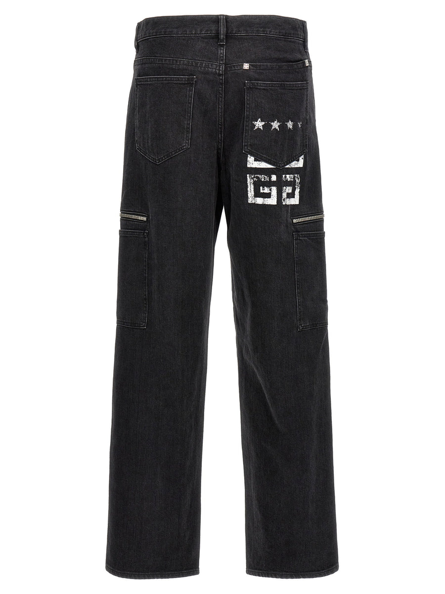 Givenchy Cargo Jeans For Men Black 100 Percent Cotton Loose Fit With 4G Back Print Signature Style