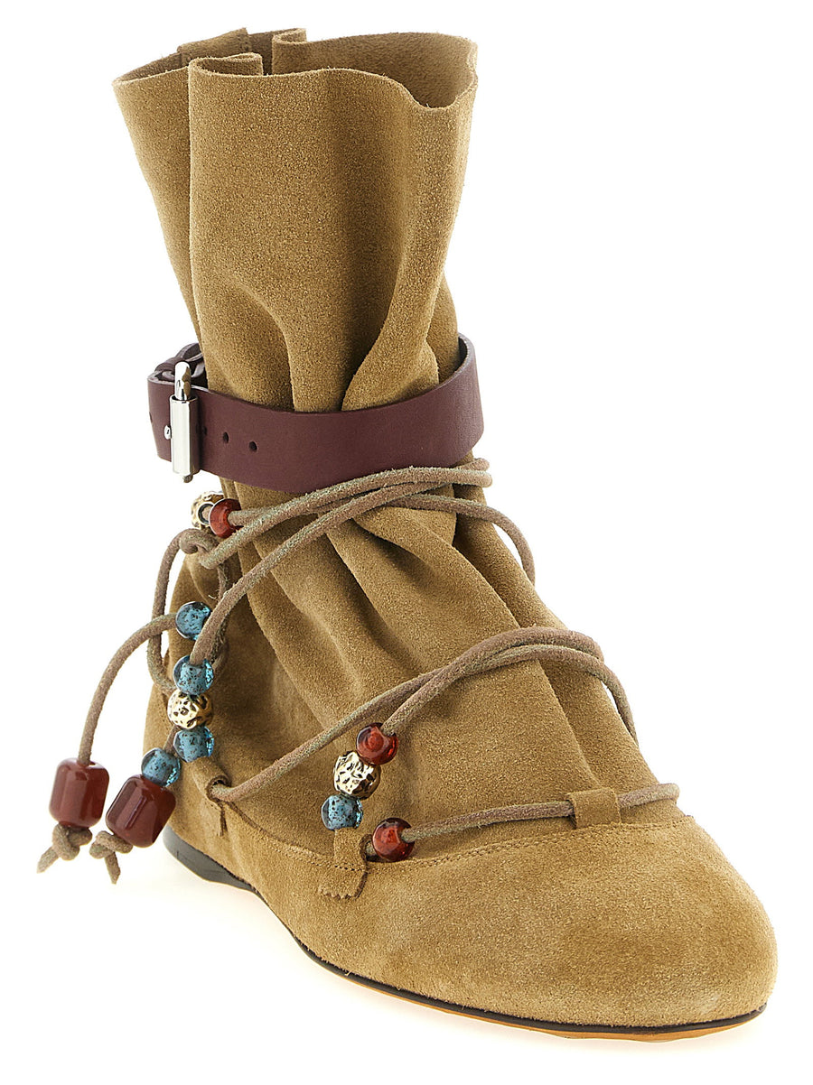 Isabel Marant Letiz Ankle Boots Women Beige Unlined Suede With Beaded Lace Detail