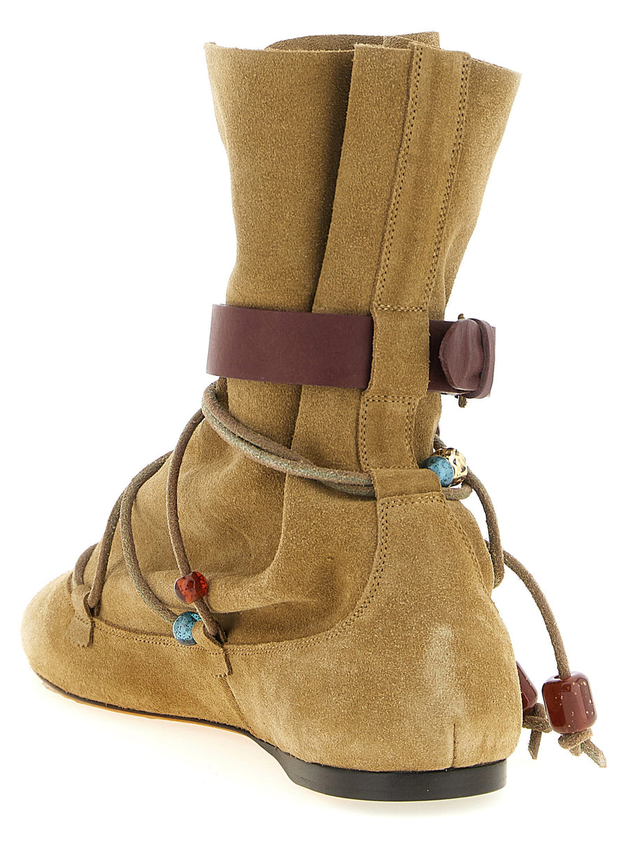 Isabel Marant Letiz Ankle Boots Women Beige Unlined Suede With Beaded Lace Detail