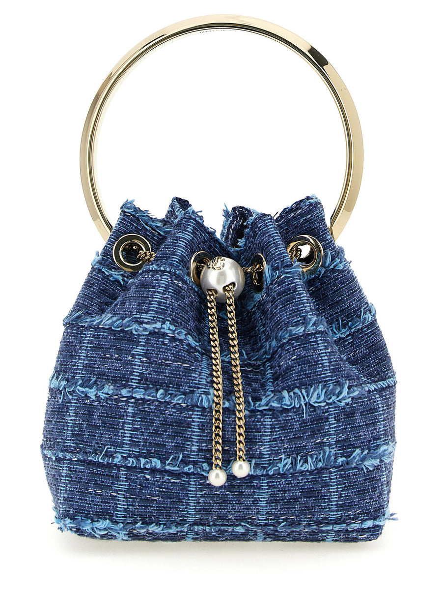 Jimmy Choo Bon Bon Bucket Bag Blue Denim With Gold Ring Handle Drawstring Closure For Women Luxury Designer Bag