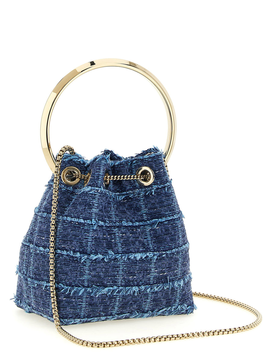 Jimmy Choo Bon Bon Bucket Bag Blue Denim With Gold Ring Handle Drawstring Closure For Women Luxury Designer Bag