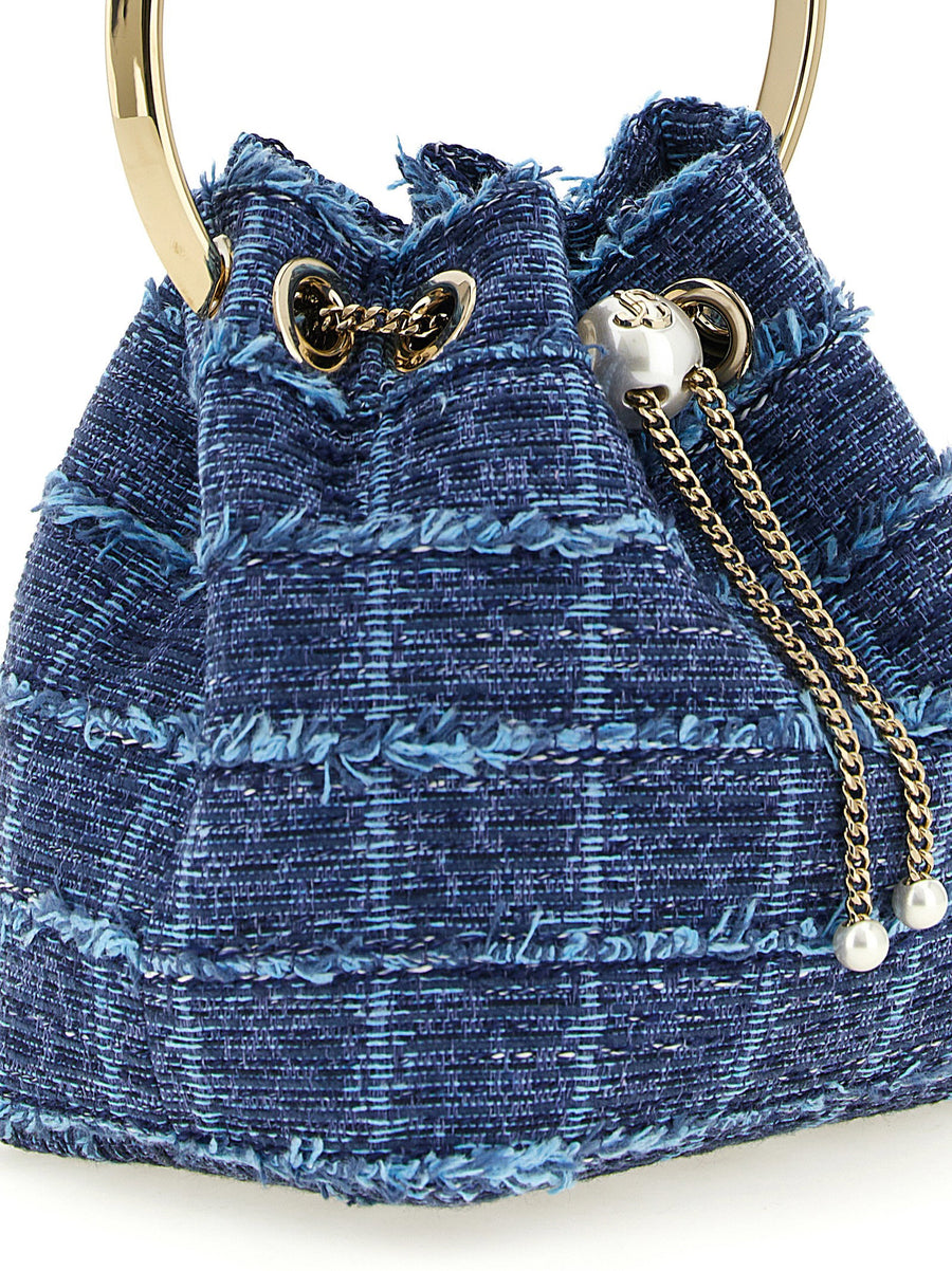 Jimmy Choo Bon Bon Bucket Bag Blue Denim With Gold Ring Handle Drawstring Closure For Women Luxury Designer Bag