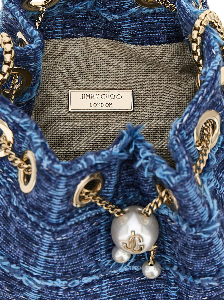 Jimmy Choo Bon Bon Bucket Bag Blue Denim With Gold Ring Handle Drawstring Closure For Women Luxury Designer Bag
