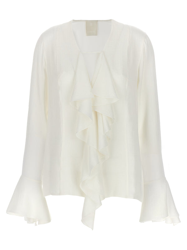Givenchy 4G Silk Shirt For Women White V Neck With Ruffle Detailing All Season Luxury Blouse