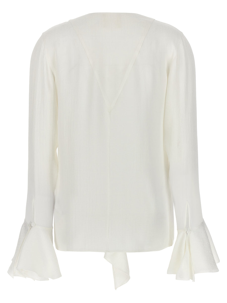 Givenchy 4G Silk Shirt For Women White V Neck With Ruffle Detailing All Season Luxury Blouse