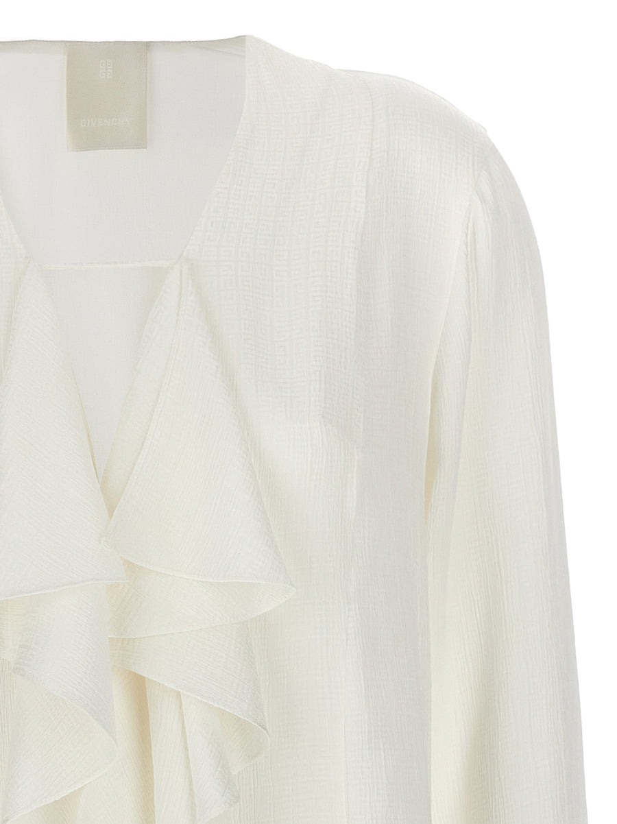 Givenchy 4G Silk Shirt For Women White V Neck With Ruffle Detailing All Season Luxury Blouse