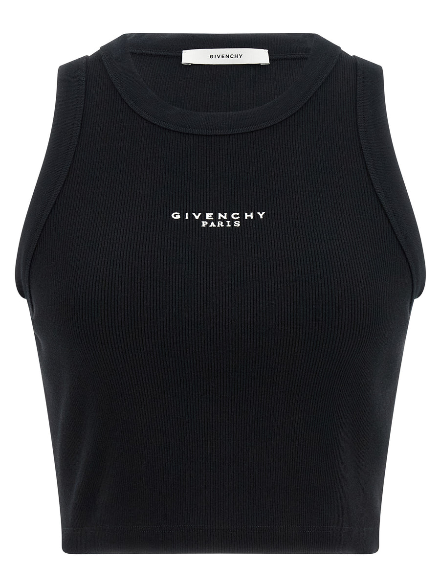 Givenchy Paris Print Top For Women Cropped Sleeveless Ribbed Knit Slim Fit Black