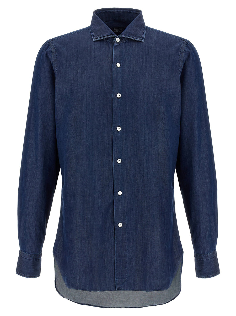 Finamore Napoli Giza Cotton Shirt Blue Front Button Closure Long Sleeves