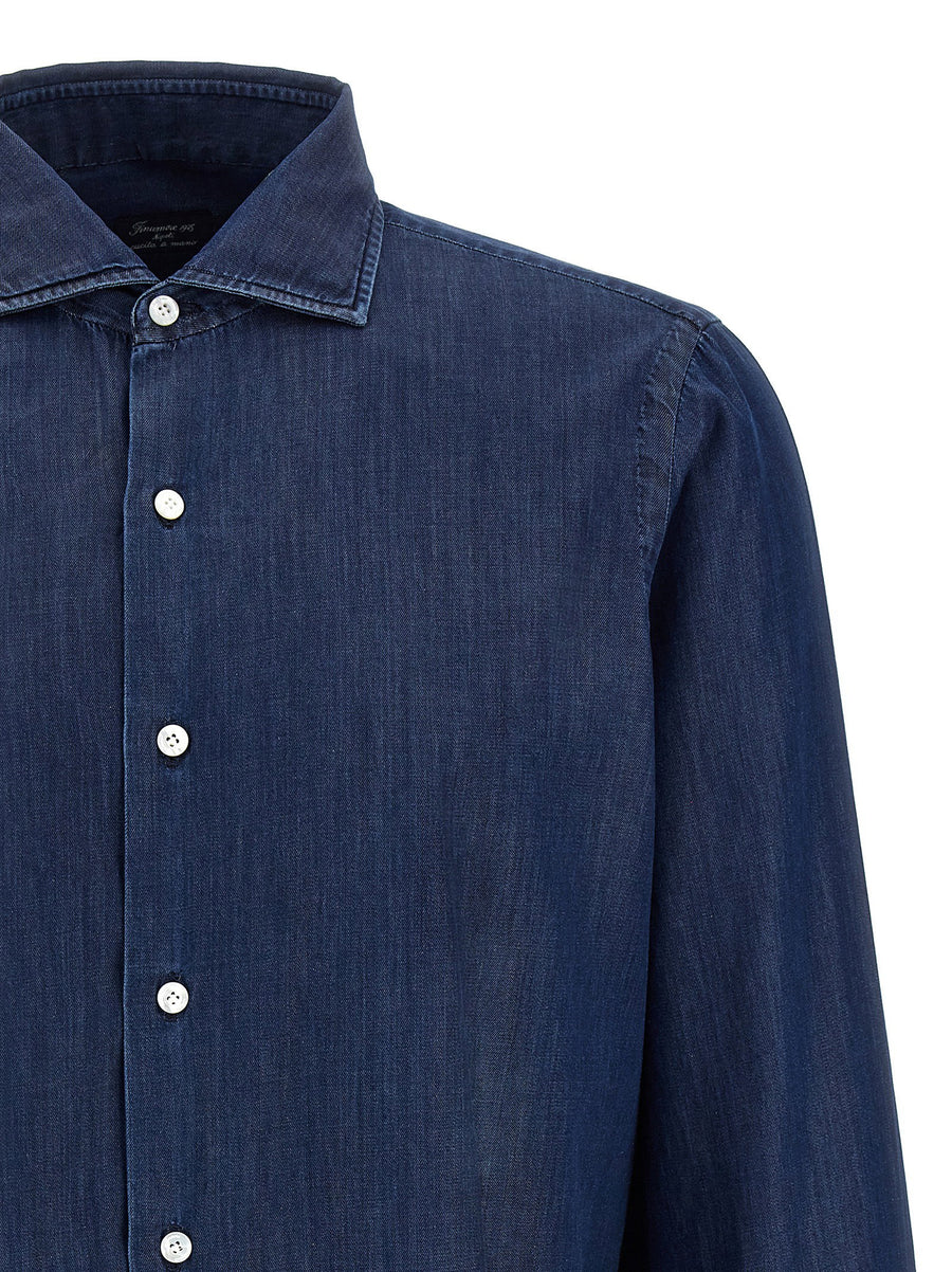 Finamore Napoli Giza Cotton Shirt Blue Front Button Closure Long Sleeves