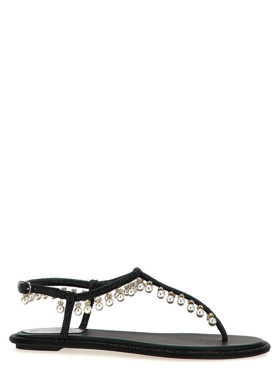 René Caovilla Diana Sandals Rhinestone Pearl Embellished Luxurious Leather Thong Adjustable Strap For Women