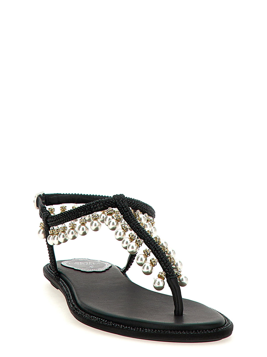 René Caovilla Diana Sandals Rhinestone Pearl Embellished Luxurious Leather Thong Adjustable Strap For Women