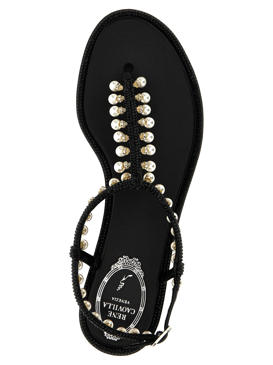 René Caovilla Diana Sandals Rhinestone Pearl Embellished Luxurious Leather Thong Adjustable Strap For Women