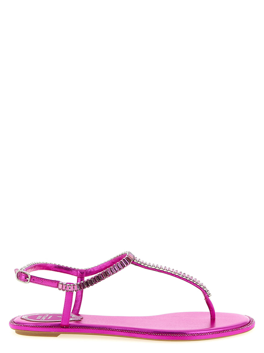 René Caovilla Diana Sandals Fuchsia Rhinestones And Baguette Crystals