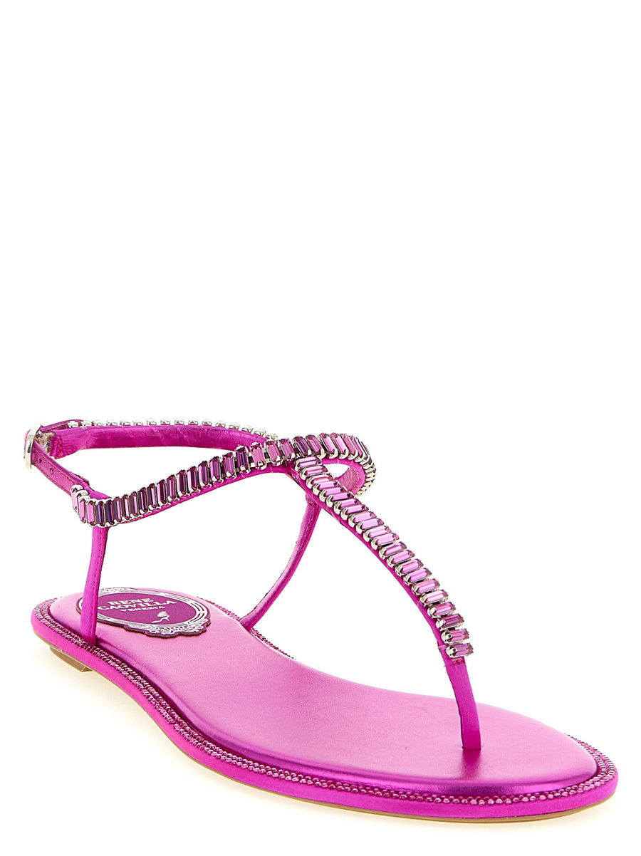 René Caovilla Diana Sandals Fuchsia Rhinestones And Baguette Crystals