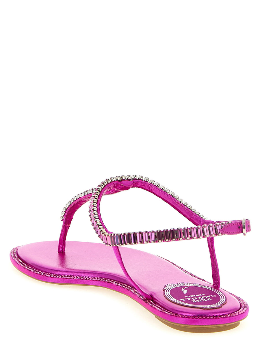 René Caovilla Diana Sandals Fuchsia Rhinestones And Baguette Crystals