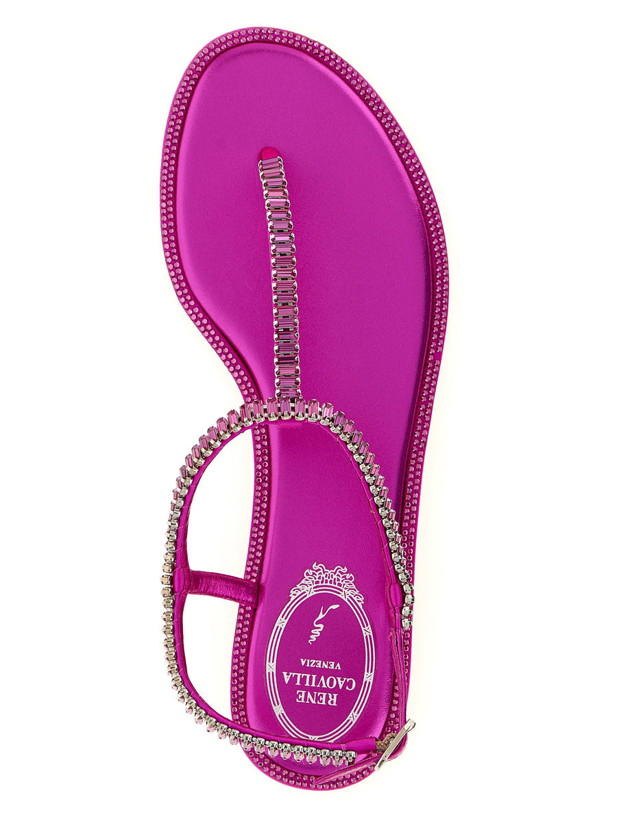 René Caovilla Diana Sandals Fuchsia Rhinestones And Baguette Crystals
