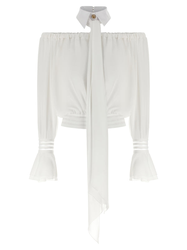 Elisabetta Franchi Shirt Collar Blouse Off Shoulder Cropped Sheer White Removable Sash For Women