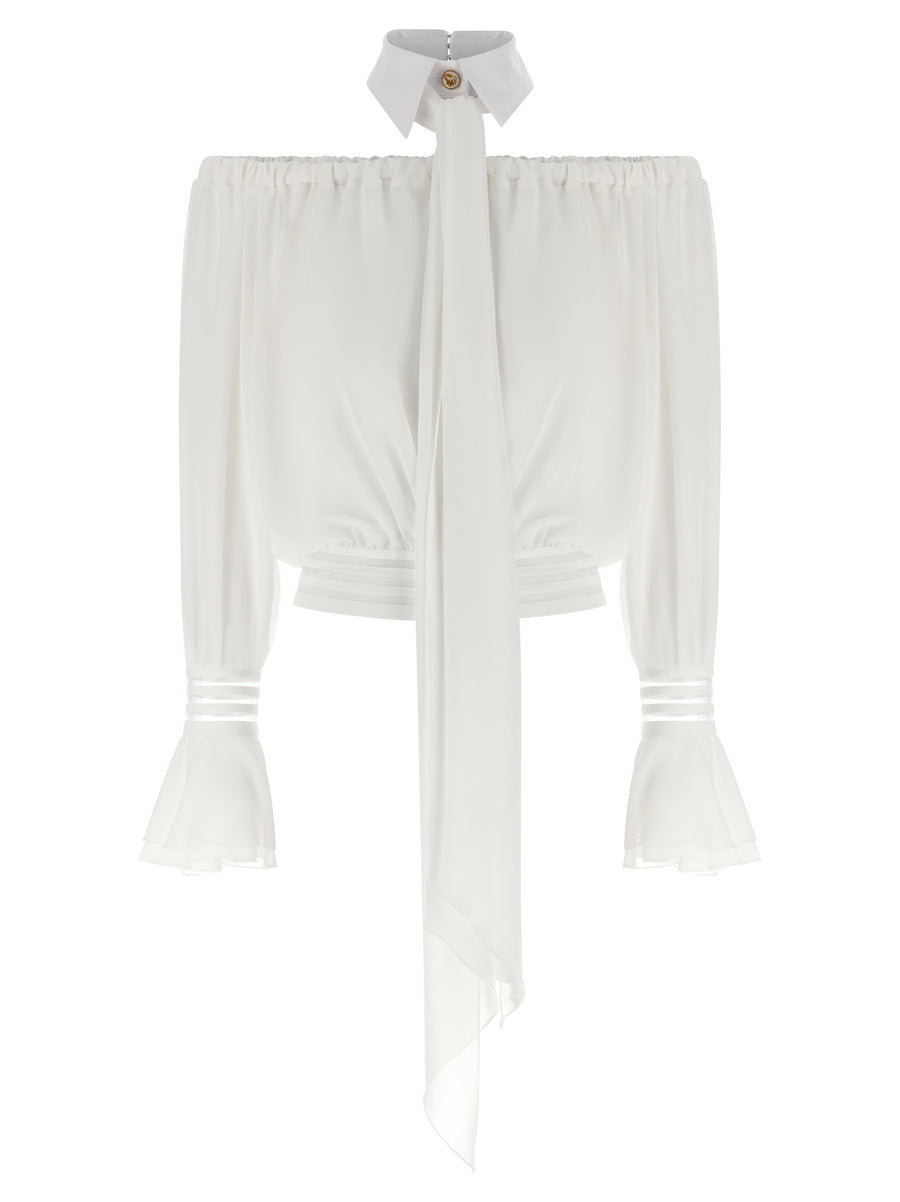 Elisabetta Franchi Shirt Collar Blouse Off Shoulder Cropped Sheer White Removable Sash For Women
