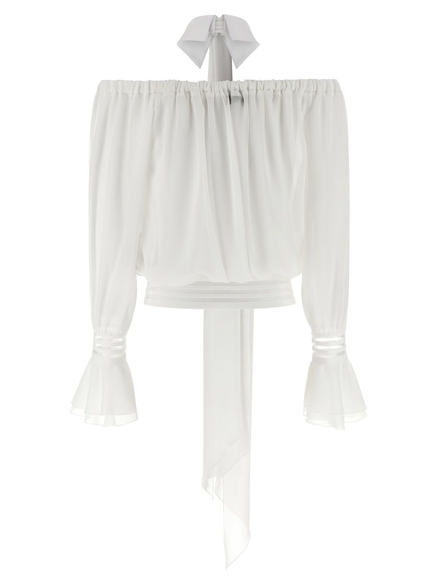 Elisabetta Franchi Shirt Collar Blouse Off Shoulder Cropped Sheer White Removable Sash For Women