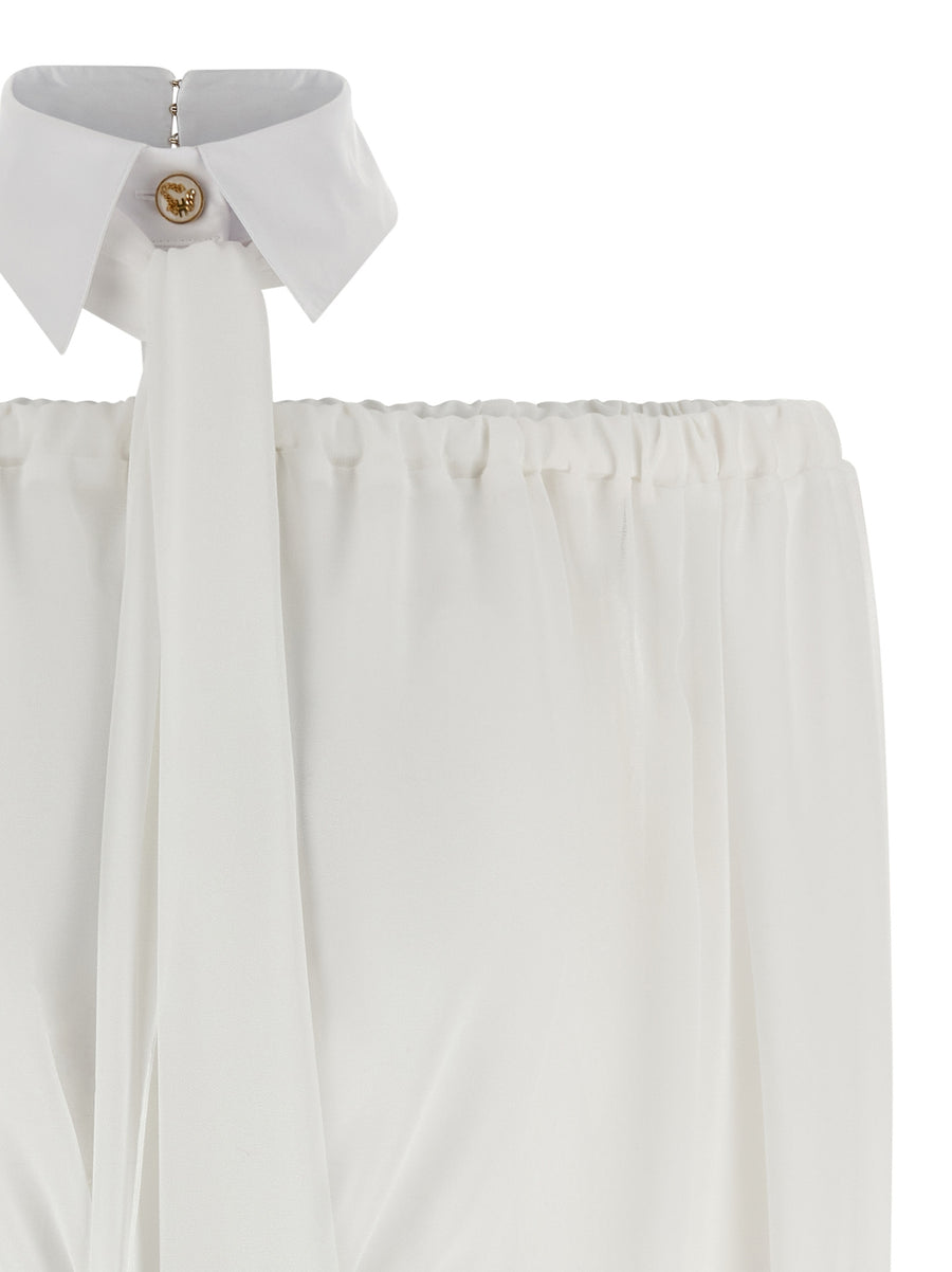 Elisabetta Franchi Shirt Collar Blouse Off Shoulder Cropped Sheer White Removable Sash For Women