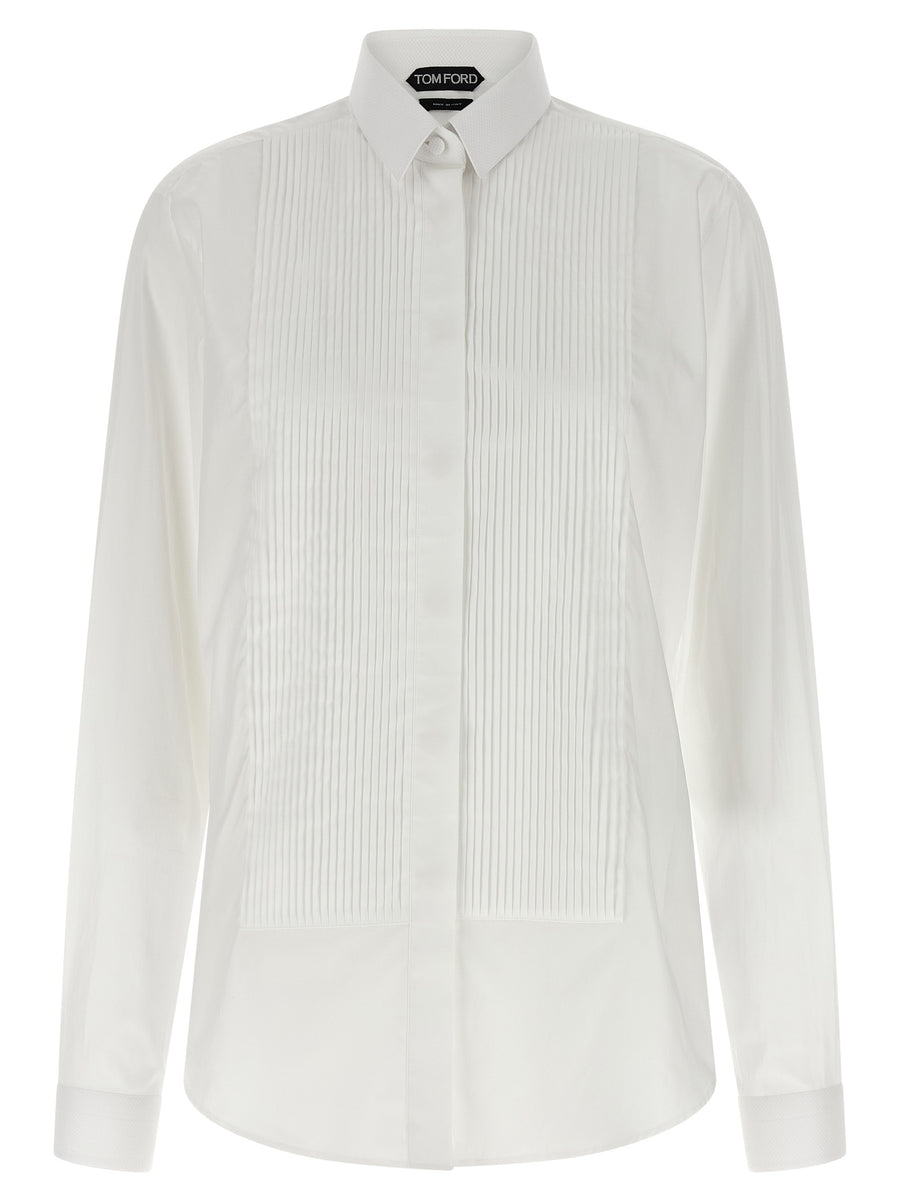 Tom Ford Plastron Shirt White Cotton Poplin Pleated Plastron For Women Luxury Tailored