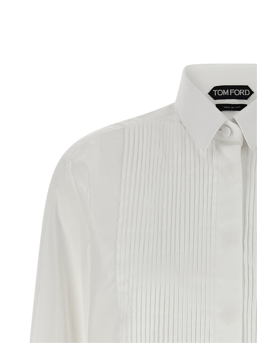 Tom Ford Plastron Shirt White Cotton Poplin Pleated Plastron For Women Luxury Tailored