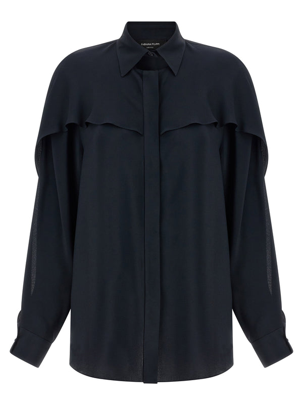 Fabiana Filippi Silk Blend Collar Detail Shirt For Women Blue Crepe With Subtle Collar Cutouts Luxury Workwear