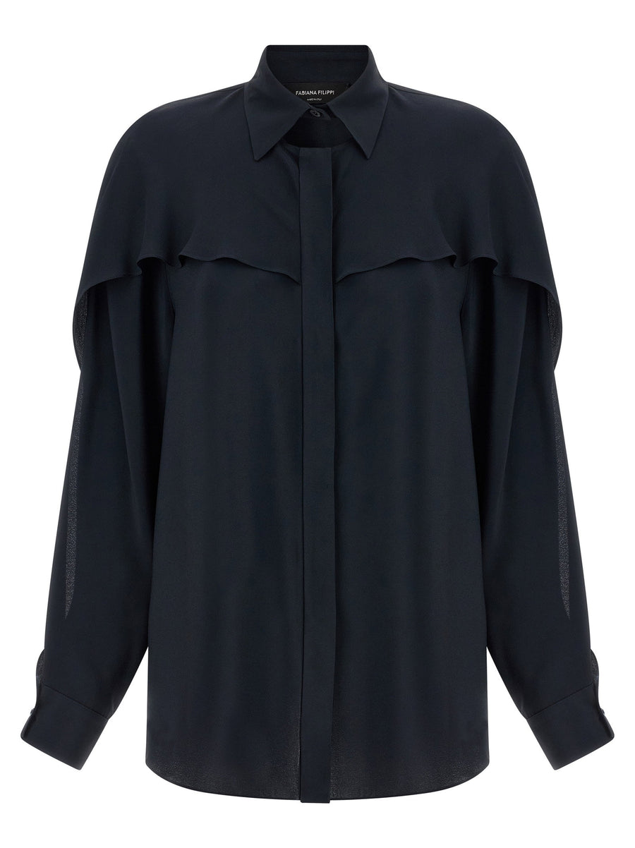 Fabiana Filippi Silk Blend Collar Detail Shirt For Women Blue Crepe With Subtle Collar Cutouts Luxury Workwear