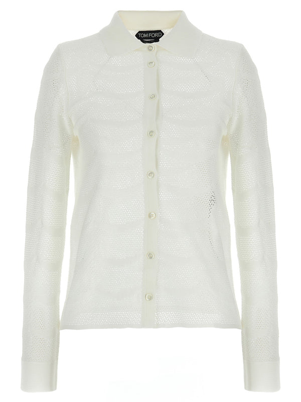 Tom Ford Openwork Cardigan For Women Luxurious Cotton Silk Crochet Texture Versatile Topwear