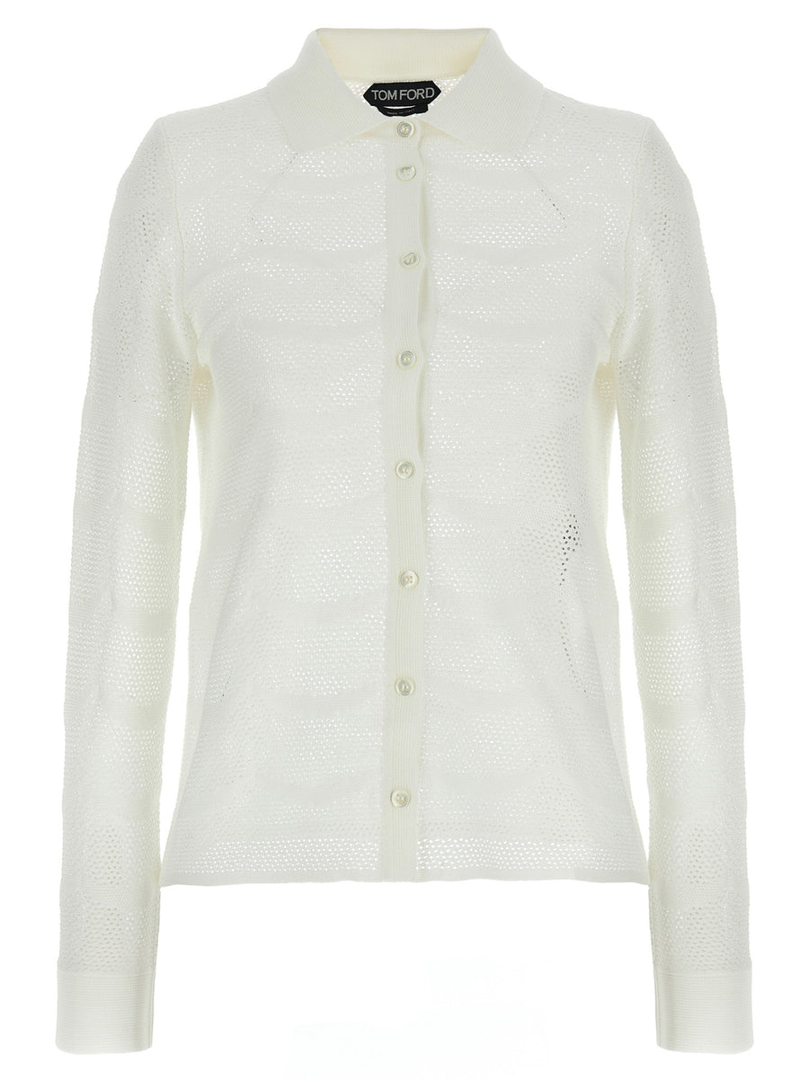 Tom Ford Openwork Cardigan For Women Luxurious Cotton Silk Crochet Texture Versatile Topwear