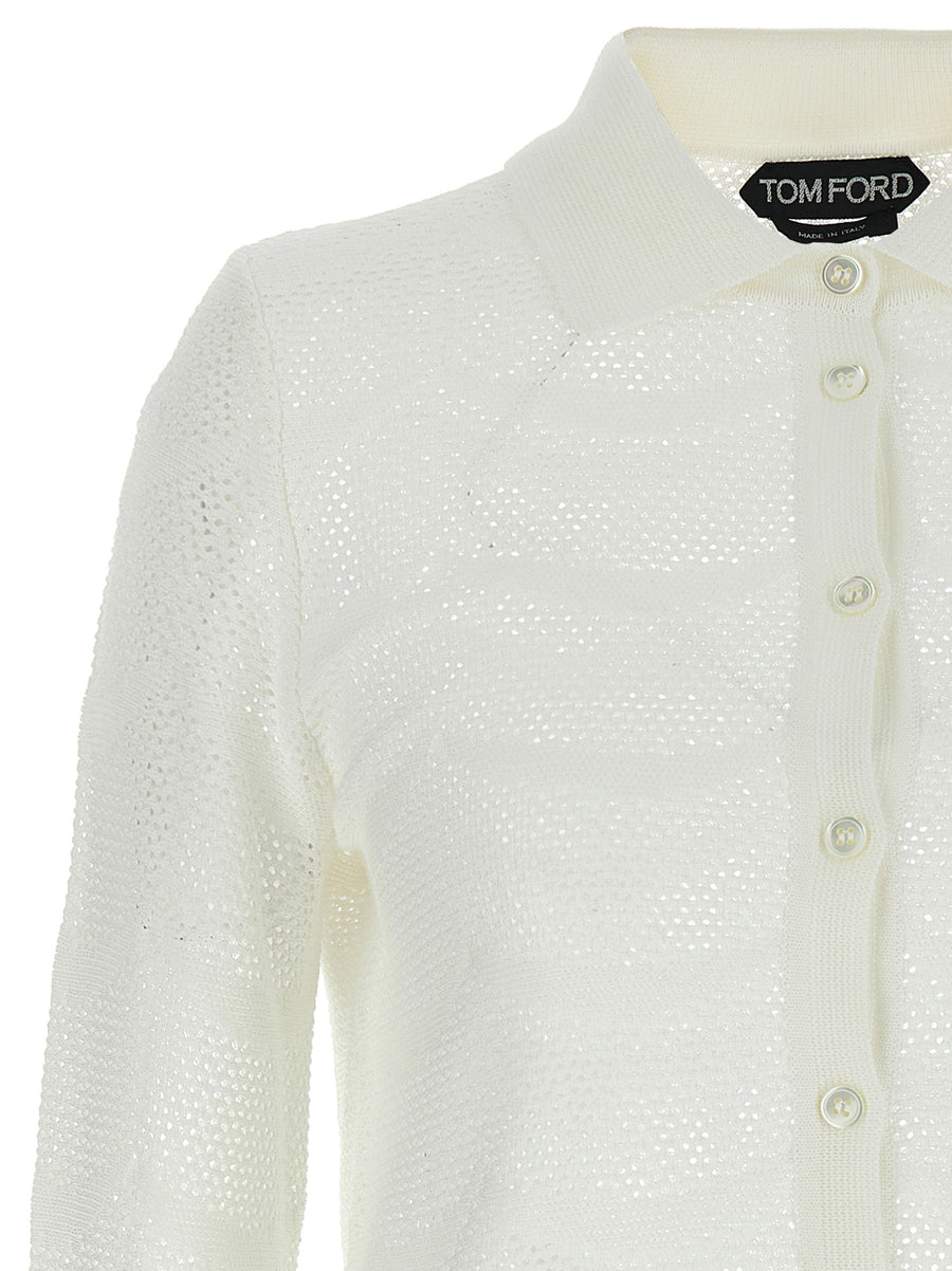 Tom Ford Openwork Cardigan For Women Luxurious Cotton Silk Crochet Texture Versatile Topwear