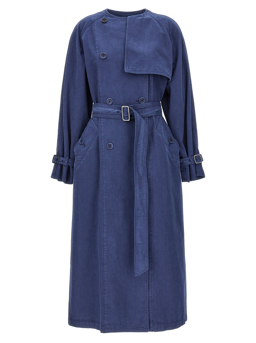 Max Mara Calao Trench Coat For Women - Breathable 100 Percent Cotton, Timeless Blue, Double Breasted with Belt