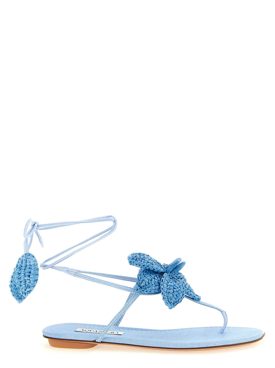 Aquazzura Calypso Sandals For Women Luxurious Light Blue Viscose Woven Flip Flop Style With Hand Embroidered Raffia