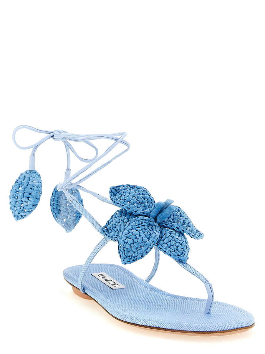 Aquazzura Calypso Sandals For Women Luxurious Light Blue Viscose Woven Flip Flop Style With Hand Embroidered Raffia
