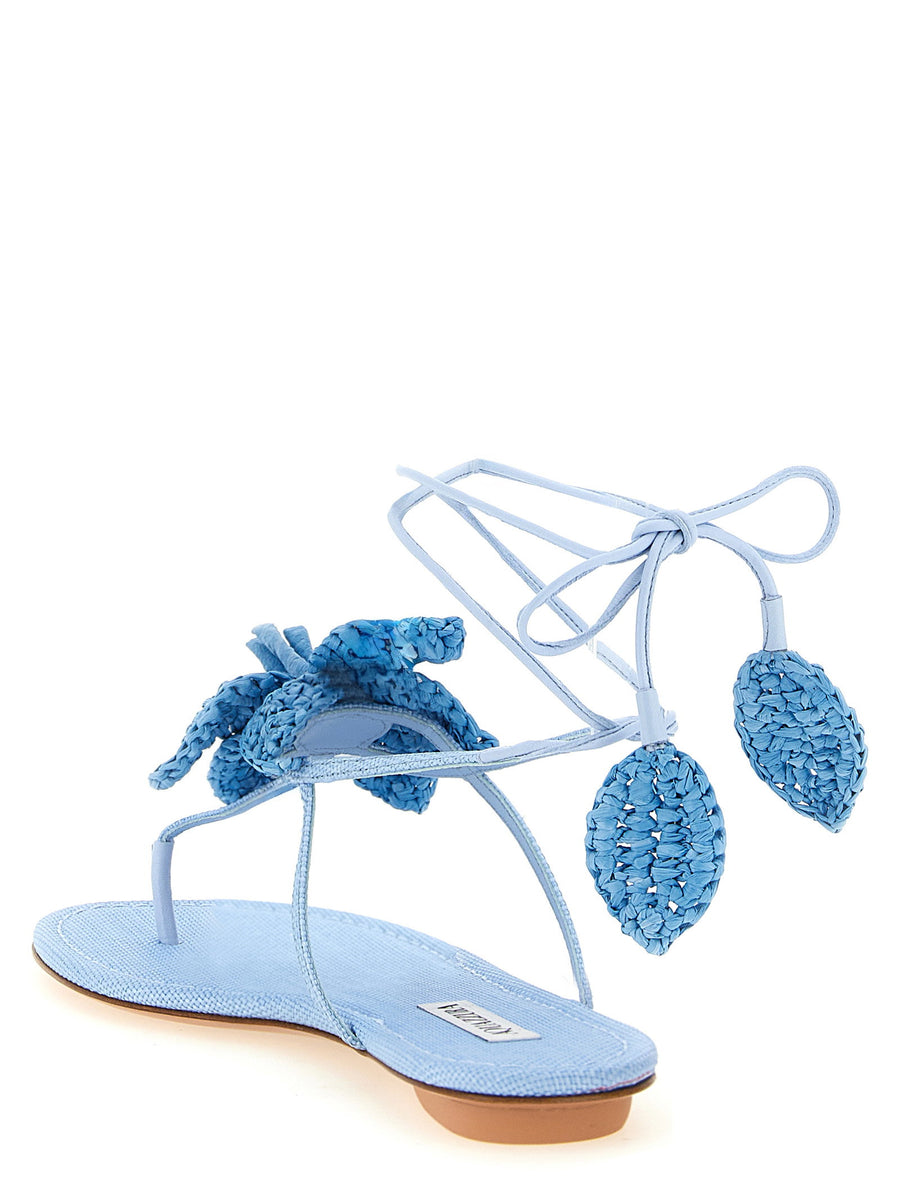 Aquazzura Calypso Sandals For Women Luxurious Light Blue Viscose Woven Flip Flop Style With Hand Embroidered Raffia