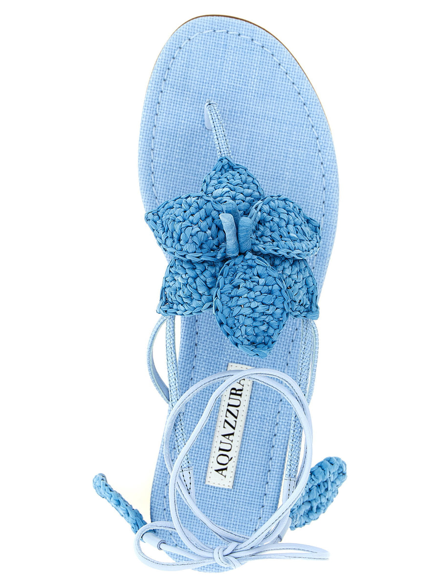 Aquazzura Calypso Sandals For Women Luxurious Light Blue Viscose Woven Flip Flop Style With Hand Embroidered Raffia