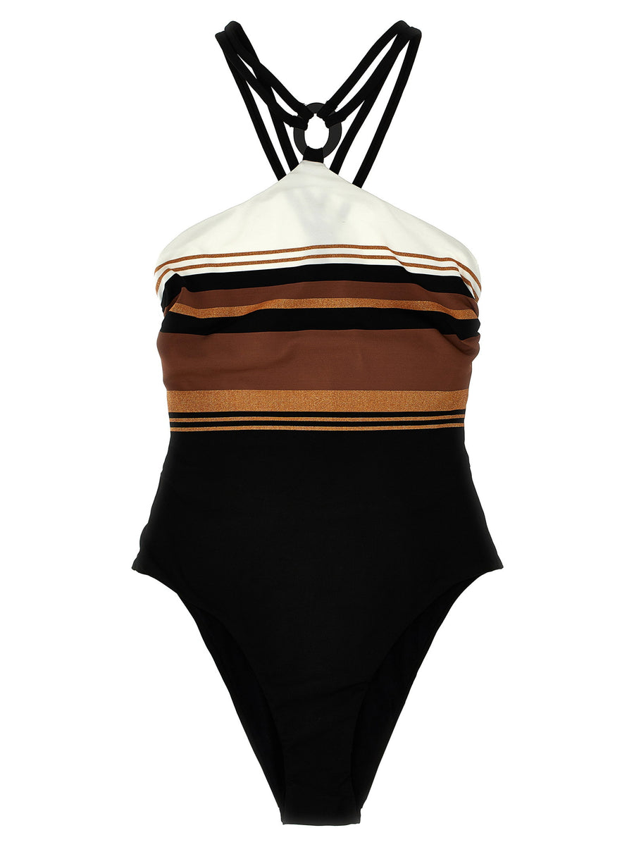Max Mara Cathy One-Piece Swimsuit Halter Neck Luxury Calf Leather Blend Striped Detail For Women