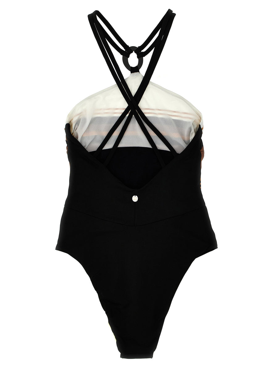 Max Mara Cathy One-Piece Swimsuit Halter Neck Luxury Calf Leather Blend Striped Detail For Women