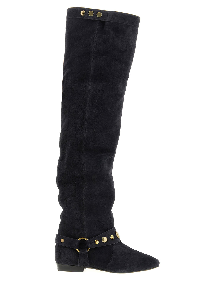 Isabel Marant Selize Boots Luxury Black Suede With Snap Buttons Pointed Toe Instep Strap For Women