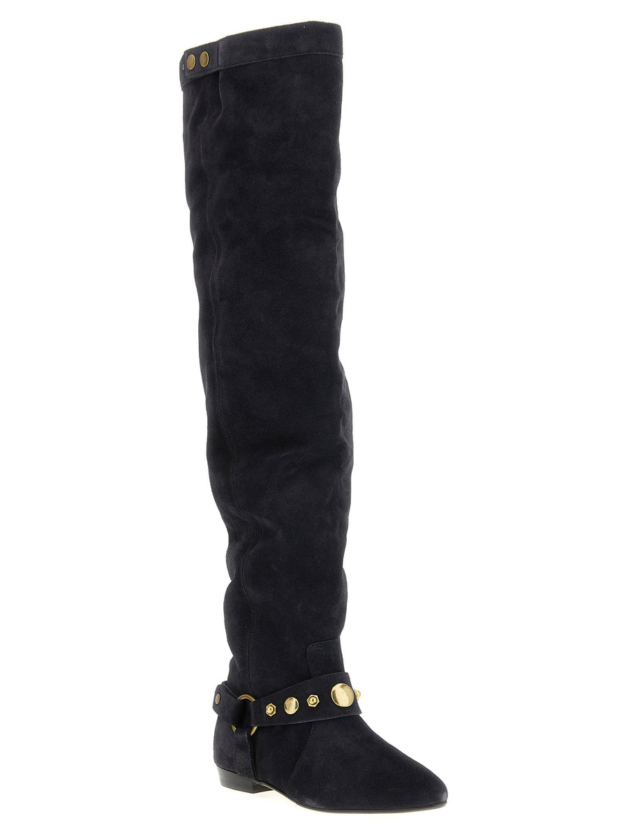 Isabel Marant Selize Boots Luxury Black Suede With Snap Buttons Pointed Toe Instep Strap For Women