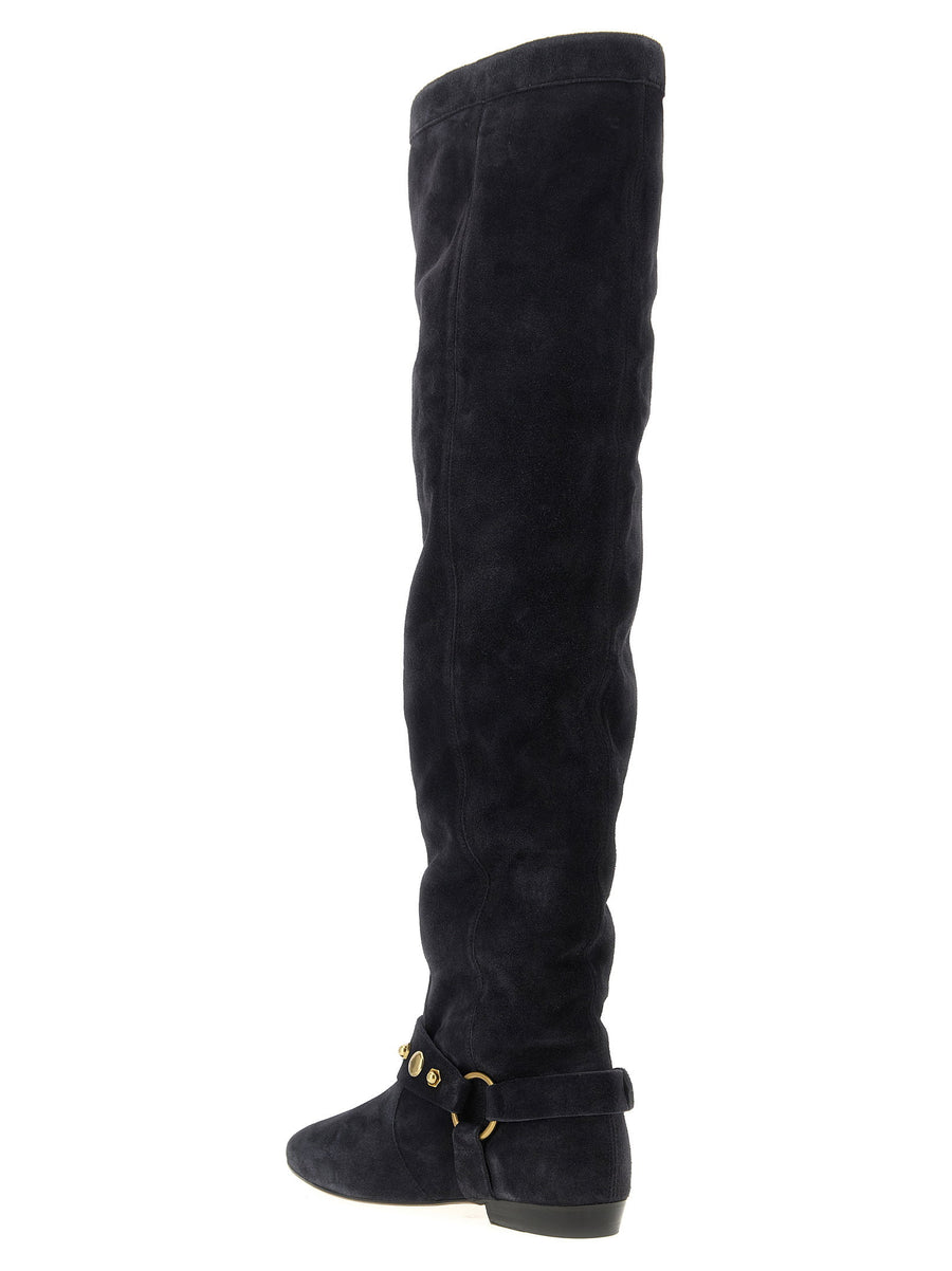 Isabel Marant Selize Boots Luxury Black Suede With Snap Buttons Pointed Toe Instep Strap For Women