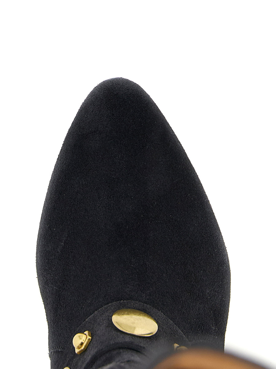 Isabel Marant Selize Boots Luxury Black Suede With Snap Buttons Pointed Toe Instep Strap For Women