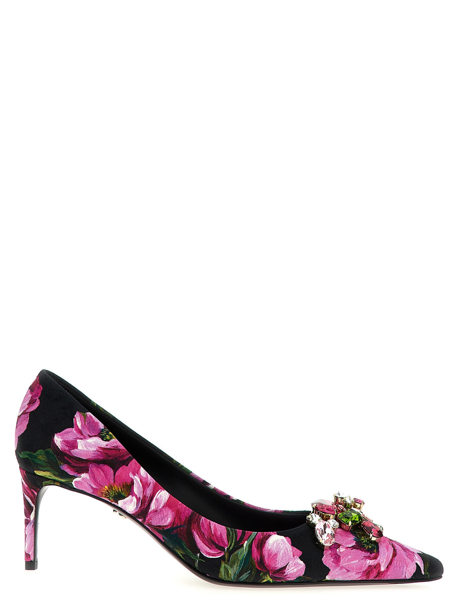 Dolce & Gabbana Lollo Pumps For Women Floral Print Fabric Upper With Crystal Brooch Embellishment Luxurious Glamour