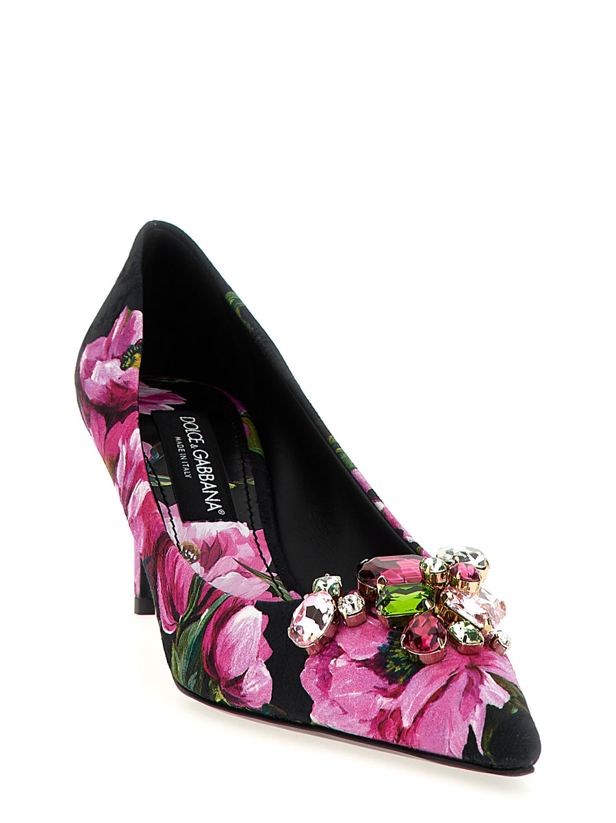 Dolce & Gabbana Lollo Pumps For Women Floral Print Fabric Upper With Crystal Brooch Embellishment Luxurious Glamour