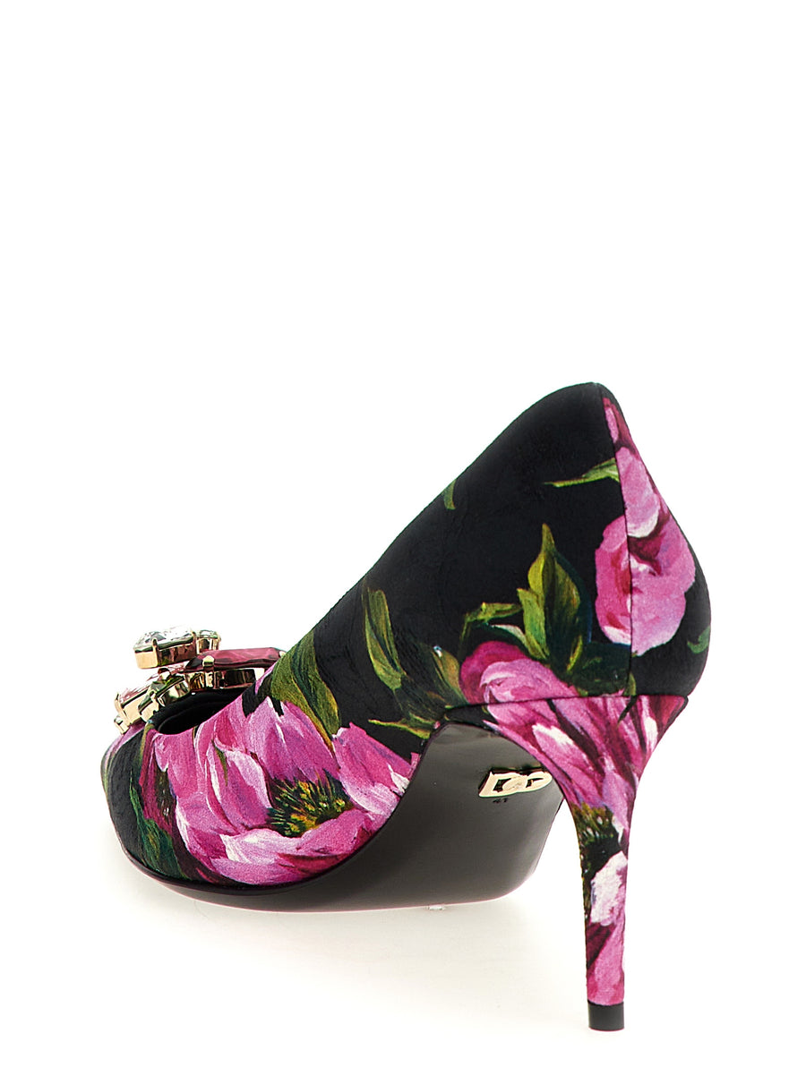 Dolce & Gabbana Lollo Pumps For Women Floral Print Fabric Upper With Crystal Brooch Embellishment Luxurious Glamour