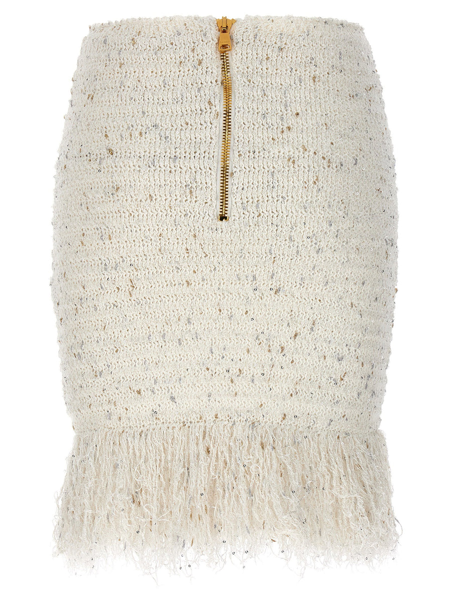Balmain Fringed Tweed Skirt With Sequined Fringe Hem For Women Runway Couture Iconic